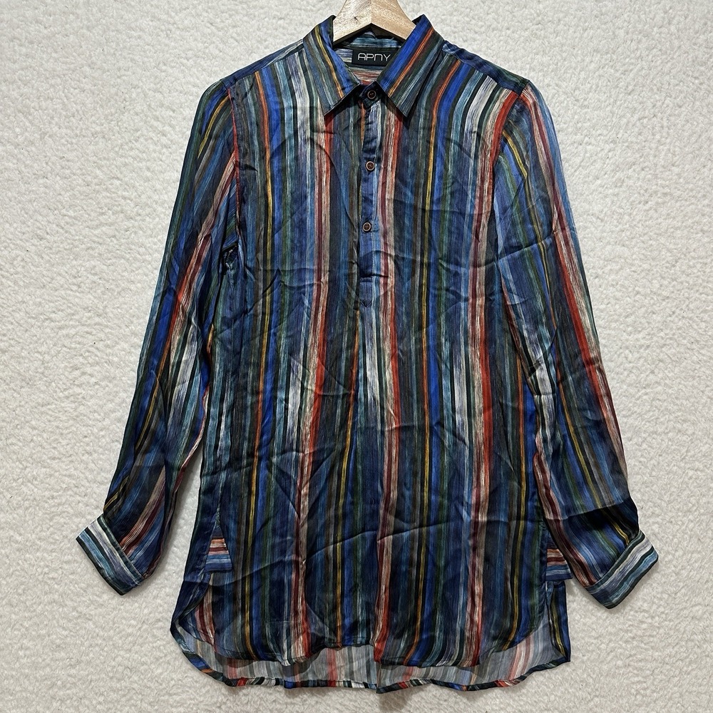 APNY Women's 100% Silk Satin Multicolor Striped Long Sleeve Shirt Size Small